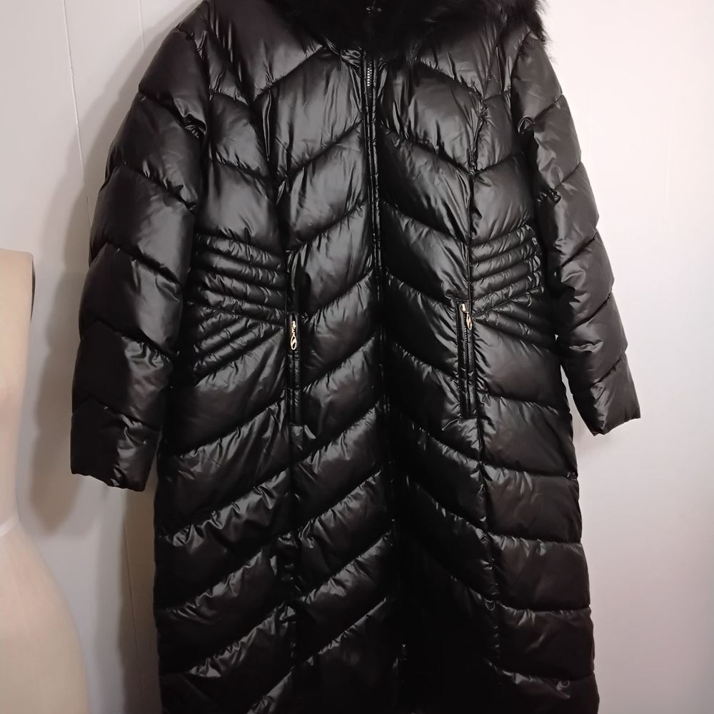 Gallery Black Long Quilted Puffer Coat with Fur-Trim Hood